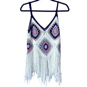 Miracle Crocheted Fringe Tank Top in White, Blue, Pink